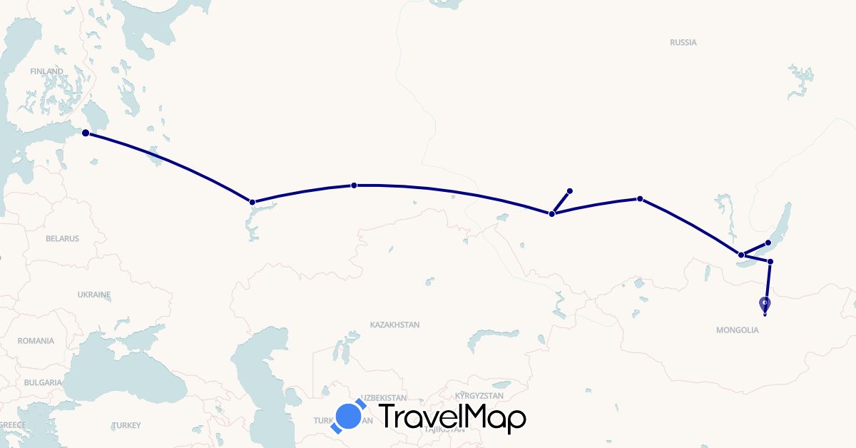 TravelMap itinerary: driving in Mongolia, Russia (Asia, Europe)